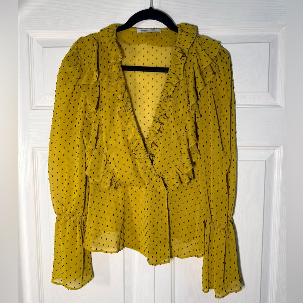 Tronjori Elegant Mustard Polka Dot Ruffle Blouse